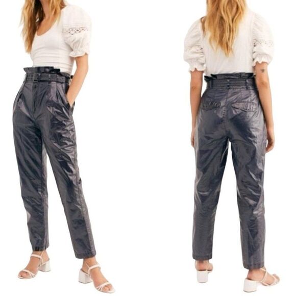 Free People Pants Faux Leather High Rise Paperbag Tapered Belted Metallic 4 - Picture 1 of 17